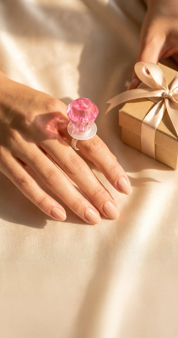 A close-up of a hand wearing a novelty pink ring with a clear faceted gemstone, resting on a beige satin surface next to a small gift box with a ribbon.
