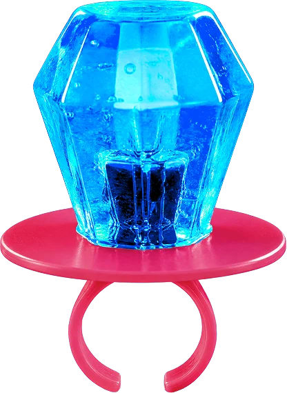 A translucent blue faceted gem-shaped object displayed on a bright pink circular stand with curved legs, isolated on a white background.
